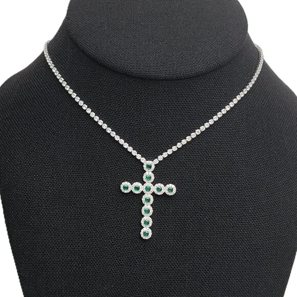 18K White Gold Womens 2ct Diamond 1ct Green Emerald Cross Necklace 18" Jewelry - Picture 2 of 7